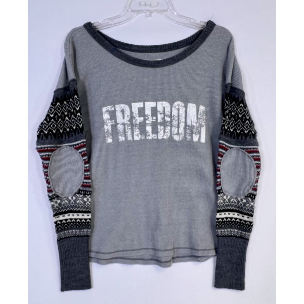 We The Free Free People‎ Women Size M Freedom Patchwork BOHO Long Sleeve T-Shirt